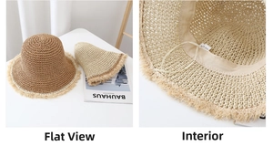 Detalle de sombrero de paja plegable con bordes deshilachados y cordón interno ajustable