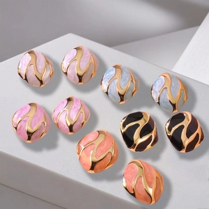 Irregular Square Geometric Stud Earrings Stainless Steel Enamel Drip Oil Marble Texture Vintage Wave Pattern Elegant For Women