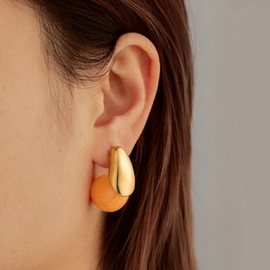 Elegant gold plated stainless steel teardrop earrings with orange resin bead for women
