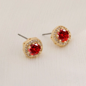 Sparkling red round zircon stud earrings with white diamond halo and gold plated base
