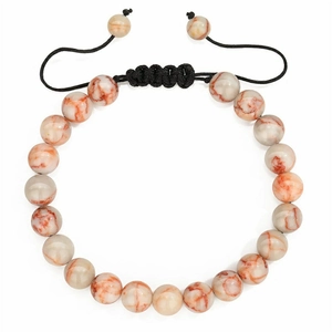 Detail of 8mm reddish-brown natural stone beads with adjustable black braided rope cord