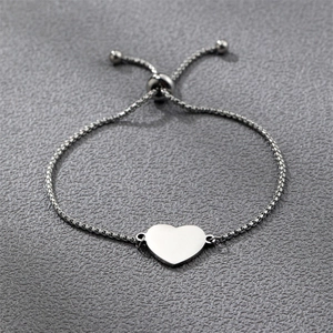 Silver stainless steel heart pendant bracelet with adjustable box chain and slider clasp
