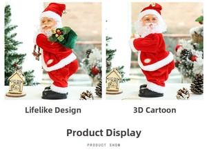 Detail of Santa Claus plush with power button on belly and festive green gift bag