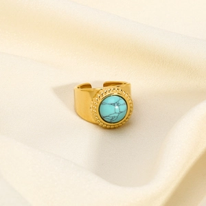 Retro 18K gold-plated stainless steel open ring with round turquoise stone on silk