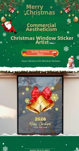 Detail of Christmas bell window stickers with 2026 Merry Christmas UV printing effect