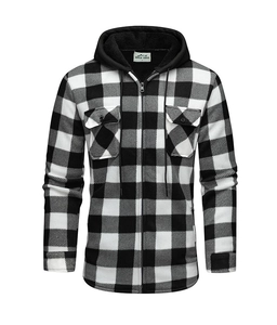 Detail of men's hooded checkered jacket with fleece lining and front zip closure