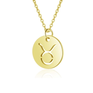 Gold hollow Taurus zodiac pendant necklace with a thin O-chain on white background