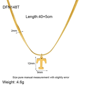 Flat snake chain necklace with letter T pendant dimensions and specifications