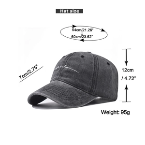 Detailed size chart for washed black baseball cap with freedom embroidery and dimensions