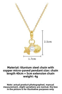 Detail of starfish and shell pendant with pearl on a 40cm titanium steel gold necklace