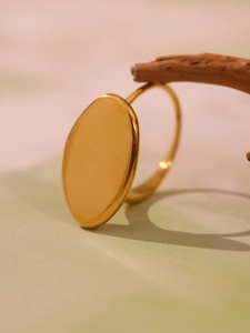 Detailed view of gold oval ring on natural wood branch with smooth polished finish