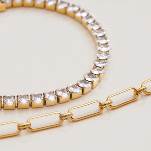 Elegant gold-plated tennis bracelet with white zircon and paperclip link chain set