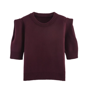 Women Round Neck Knitted Top Puff Short Sleeve Solid Color Elegant Pullover Retro Knit Sweater Chic Soft Blouse