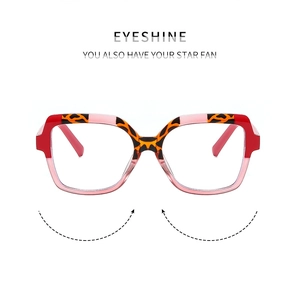 Detail of square glasses with red leopard print frame and translucent pink lower rim