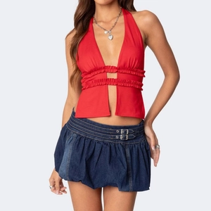 Jupe Boule En Jean Femme Mini Taille Basse Streetwear Y2K Rétro Bleu Foncé Avec Boucles Métalliques