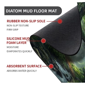Three-layer waffle shower mat with forest pattern showing absorbent diatomite foam structure