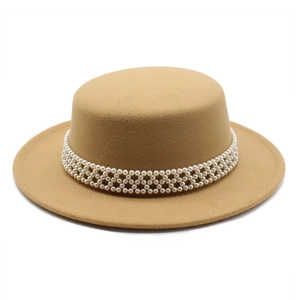 Elegant khaki wool felt flat top boater hat with triple-row pearl decorative band