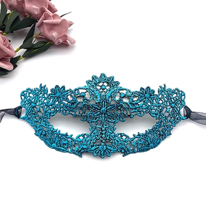 Detailed close-up of blue lace masquerade mask showing intricate floral embroidery patterns