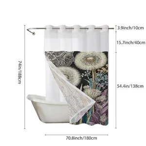 Floral shower curtain with snap hooks and size chart showing 70.8x74 inch dimensions