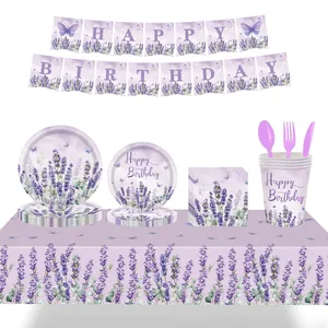 Lavender theme disposable party tablecloth and tableware set for girls birthday party