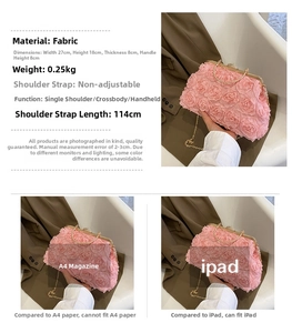 Detail specifications of pink fabric floral handbag showing dimensions and capacity