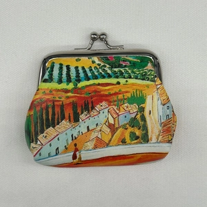 Detail of vintage oil painting coin purse with silver metal kiss-lock clasp closure