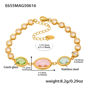 Detail of 18K gold-plated stainless steel bracelet with oval pink and green glass stones