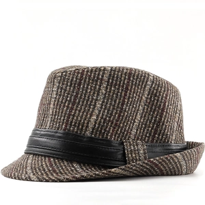 Fedora Hat British Retro Striped Plaid Woolen Polyester Wide Brim Vintage Gentleman Jazz Cap For Men Women