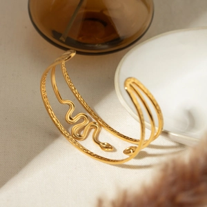 Elegant 18k gold plated stainless steel triple-layer snake ring with scale texture