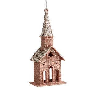 Glittery rose gold and silver church ornament with a hanging string for Christmas trees
