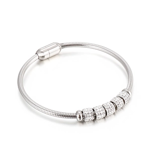 Elegant silver titanium steel snake chain bracelet with five crystal charms and magnetic clasp