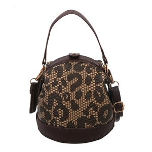 Chic leopard print and brown leather round handbag with gold hardware on white background