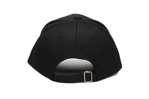Rear view of black baseball cap showing adjustable fabric strap and silver metal buckle