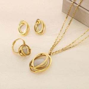 Detailed view of luxury gold jewelry set including pearl necklace, ring, and earrings