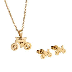 Polished gold bicycle jewelry set featuring a pendant necklace and stud earrings