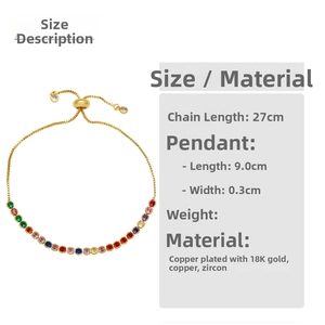 Adjustable gold bolo bracelet featuring colorful cubic zirconia stones and 27cm chain length