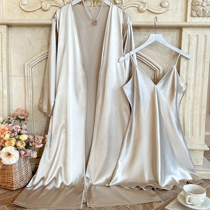 Women's 2-piece champagne silk pajama set with lace-up robe and V-neck nightgown