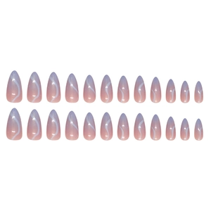 Set of 24 almond shape press-on nails featuring aurora gradient with white wave patterns