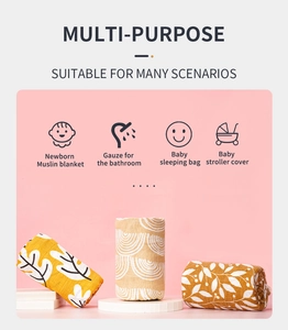 Multi-purpose muslin baby blankets with leaf patterns for bath, stroller and sleeping