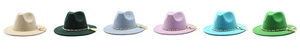 Detailed lineup of wool jazz hats in six colors with metal chain and tassel decor