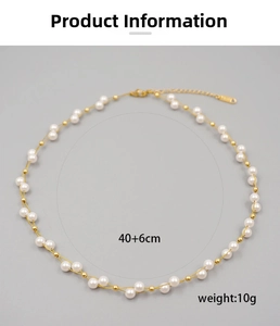Detail of double-layer crystal pearl necklace with gold beads and 6cm adjustable chain