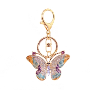 Colorful mosaic crystal butterfly keychain in gold finish for women bag accessory