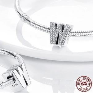 S925 sterling silver letter W bead charm with sparkling zircon pavé for DIY bracelets