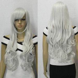 Detail view of 80cm long silver white wavy cosplay wig with bangs from front and back