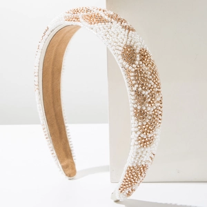 Serre-tête élégant en perles avec motifs floraux or et blanc sur rembourrage large