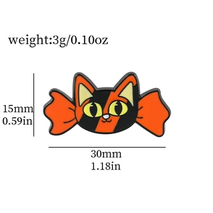 Detail view of calico cat bat wing enamel pin showing 30mm width dimensions and 3g weight