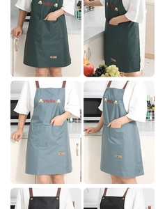 Detailed collage of waterproof aprons in dark green and black with Hello embroidery