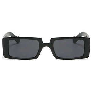 Retro black rectangular sunglasses with dark grey lenses and wide temples in a frontal view