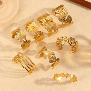 18K Gold Plated Stainless Steel Open Cuff Bracelet For Women Elegant Flower Leaf Butterfly Boho Jewelry Anti-Allergy