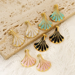 Elegant gold-plated fan-shaped ginkgo leaf stud earrings in multiple enamel colors